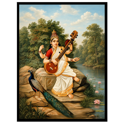 Immerse yourself in the serene beauty of this exquisite portrayal of Goddess Saraswati, the Hindu for interior