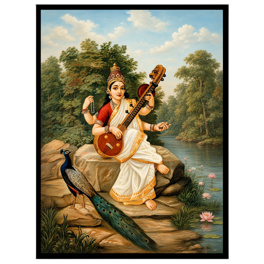 Immerse yourself in the serene beauty of this exquisite portrayal of Goddess Saraswati, the Hindu for interior