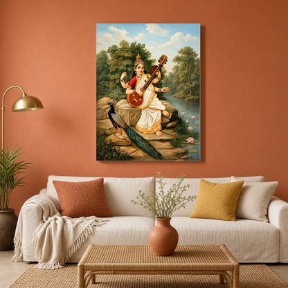Immerse yourself in the serene beauty of this exquisite portrayal of Goddess Saraswati, the Hindu for Living Room