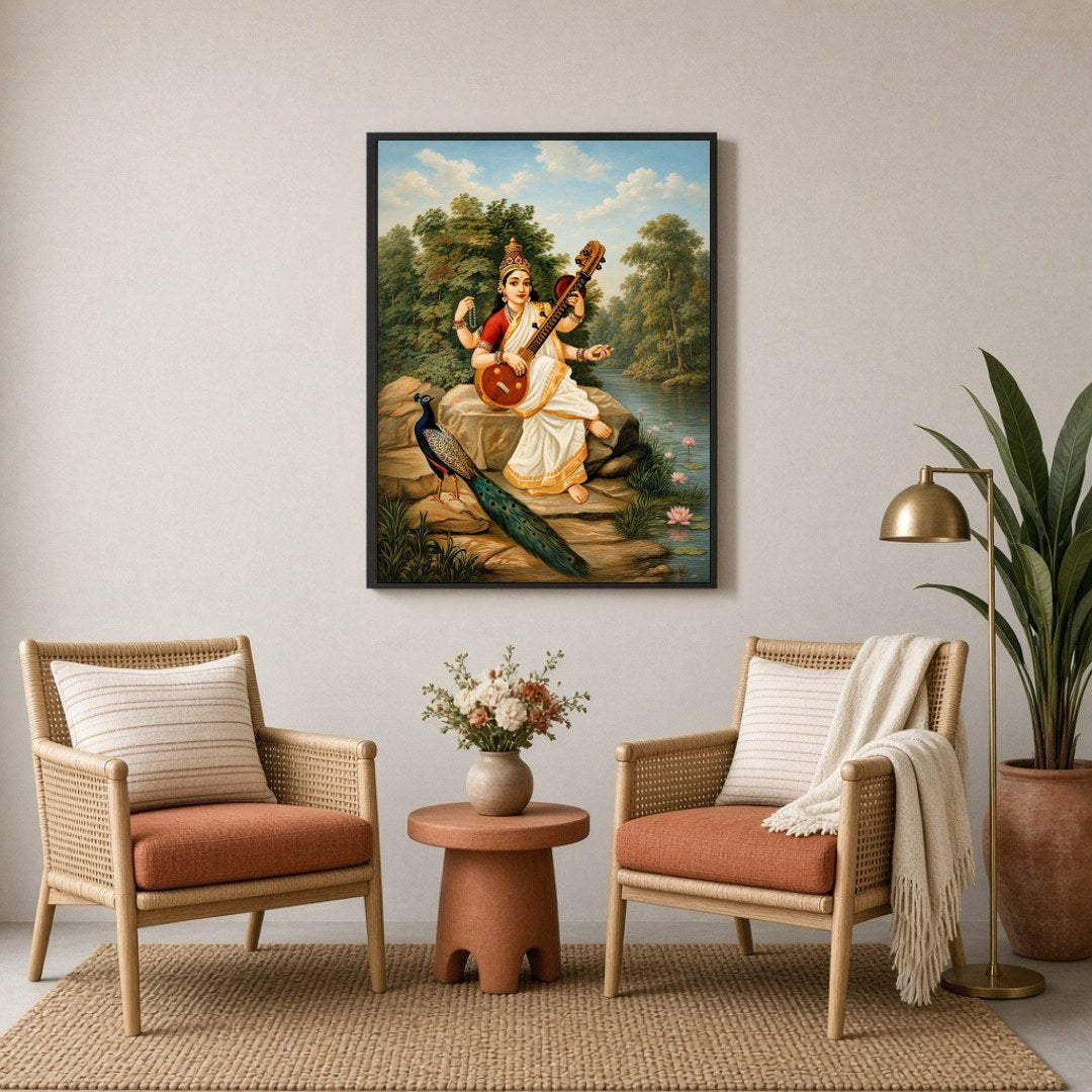 Immerse yourself in the serene beauty of this exquisite portrayal of Goddess Saraswati, the Hindu for Sitting Lounge