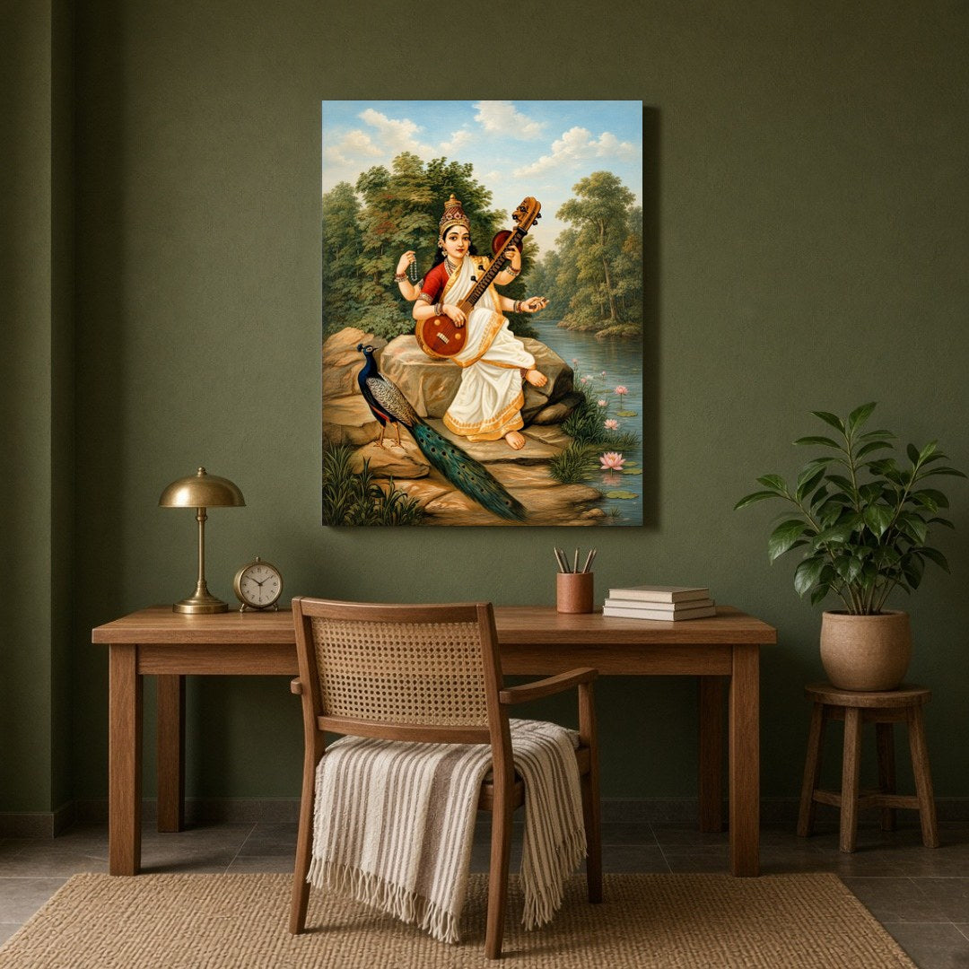 Immerse yourself in the serene beauty of this exquisite portrayal of Goddess Saraswati, the Hindu for Study