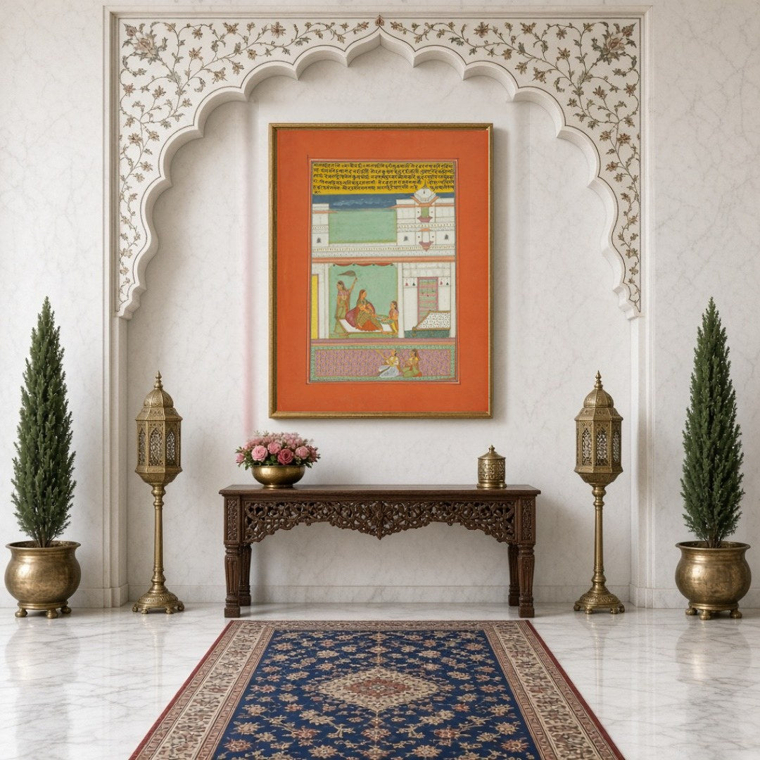 Immerse in the cultural tapestry of Ragamala as a noblewoman sits serenely, attended by companions, for Hallway