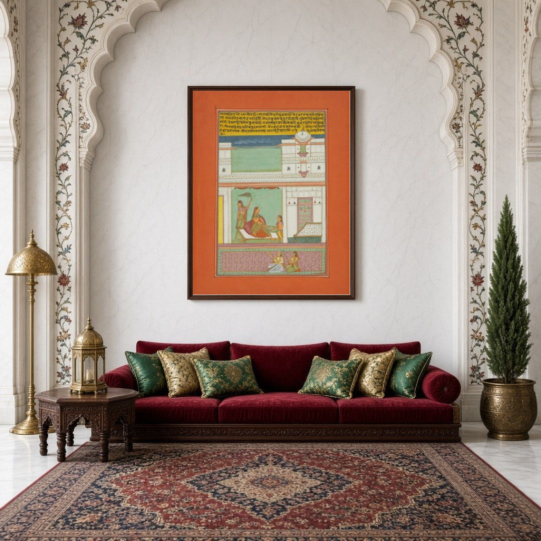 Immerse in the cultural tapestry of Ragamala as a noblewoman sits serenely, attended by companions, for Living Room