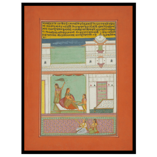 Immerse in the cultural tapestry of Ragamala as a noblewoman sits serenely, attended by companions, for retreat