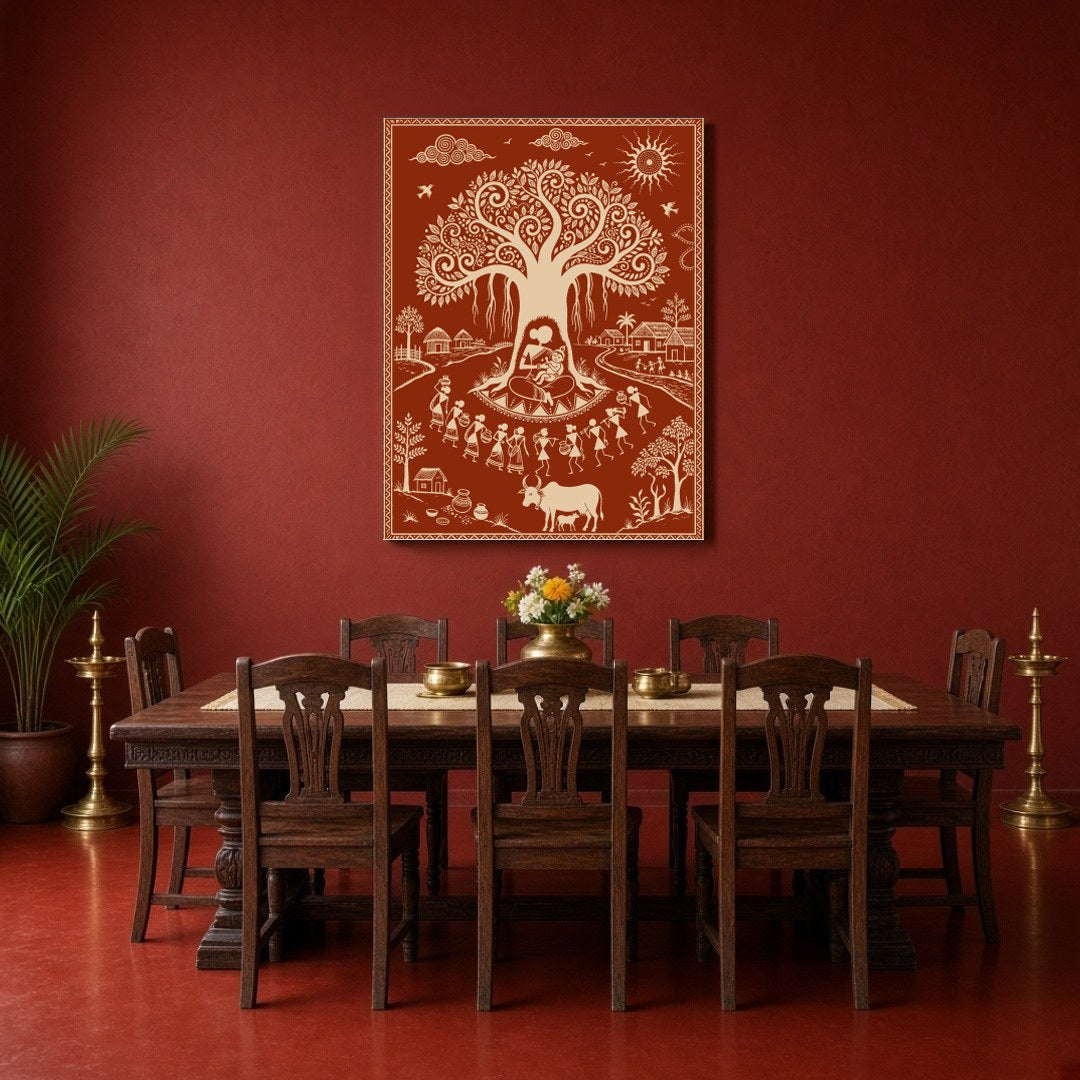 Immerse yourself in the tranquil village life depicted in this captivating Warli art piece, where for Dining