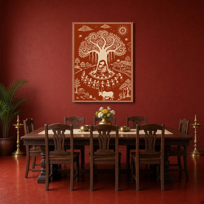Immerse yourself in the tranquil village life depicted in this captivating Warli art piece, where for Dining