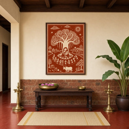 Immerse yourself in the tranquil village life depicted in this captivating Warli art piece, where for Hallway