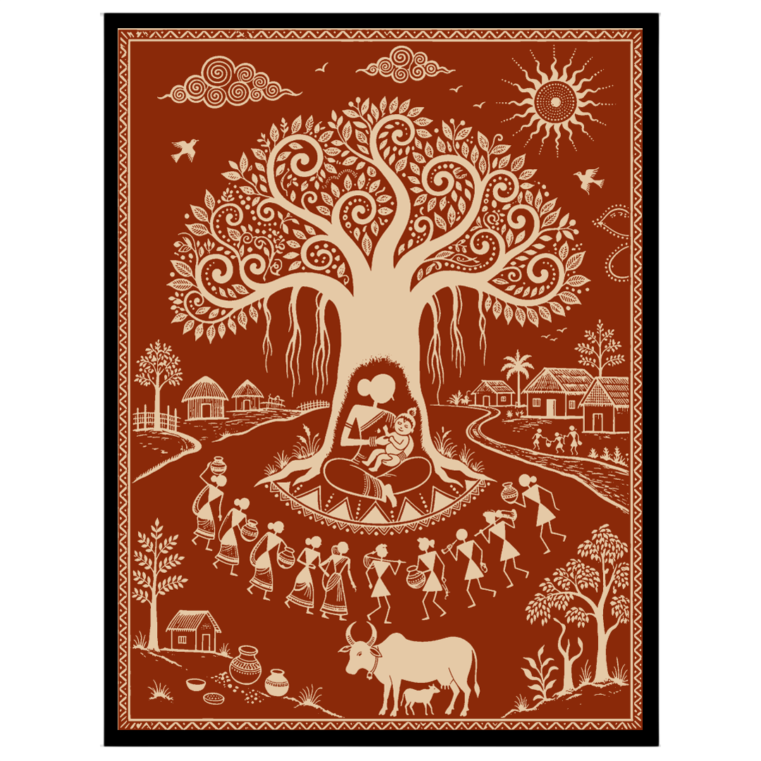 Immerse yourself in the tranquil village life depicted in this captivating Warli art piece, where for kitchen
