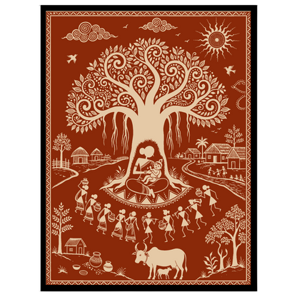 Immerse yourself in the tranquil village life depicted in this captivating Warli art piece, where for kitchen