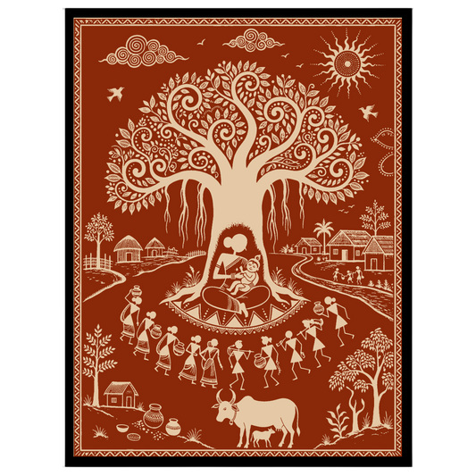 Immerse yourself in the tranquil village life depicted in this captivating Warli art piece, where for kitchen