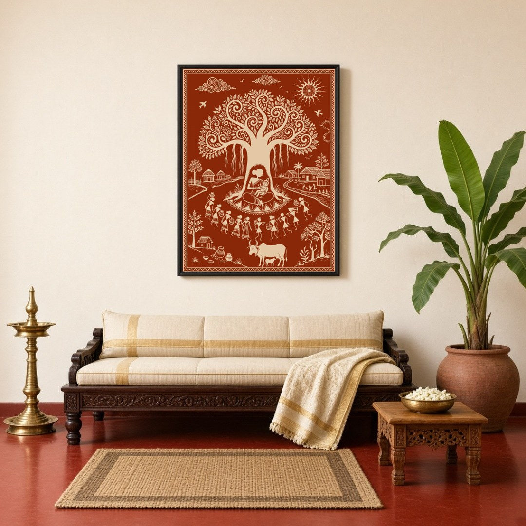 Immerse yourself in the tranquil village life depicted in this captivating Warli art piece, where for Living Room