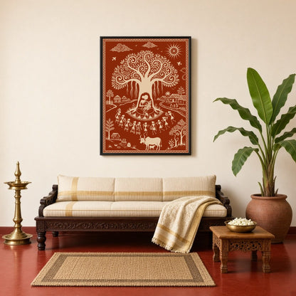 Immerse yourself in the tranquil village life depicted in this captivating Warli art piece, where for Living Room