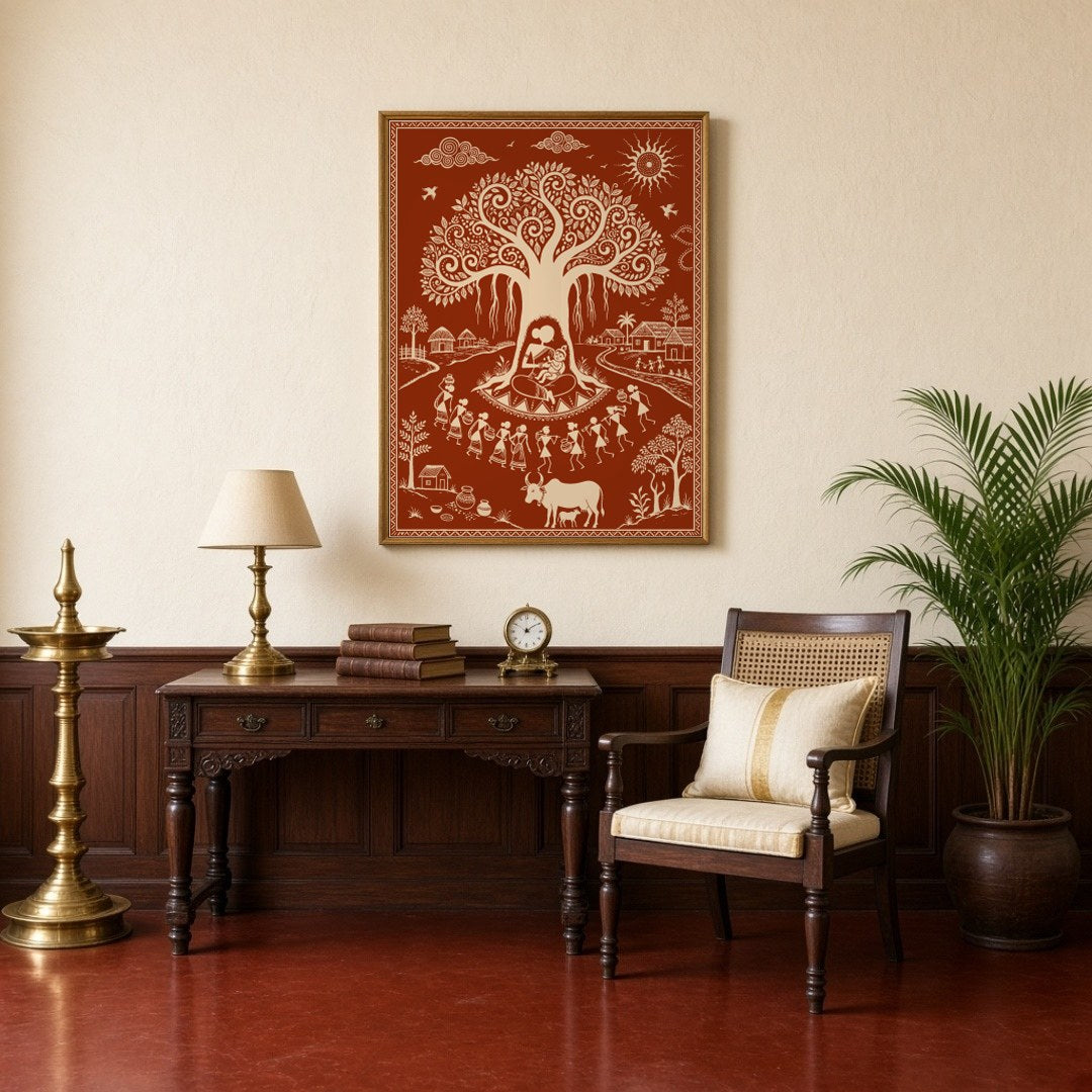 Immerse yourself in the tranquil village life depicted in this captivating Warli art piece, where for Study