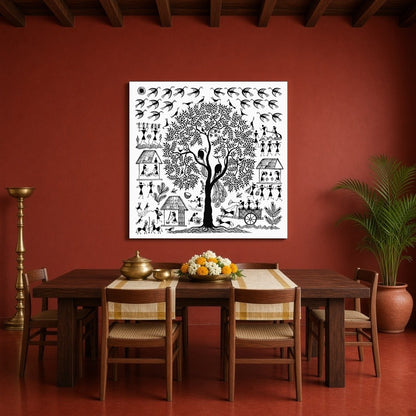 Immerse yourself in the enchanting world of Warli art with this captivating piece depicting a for Dining