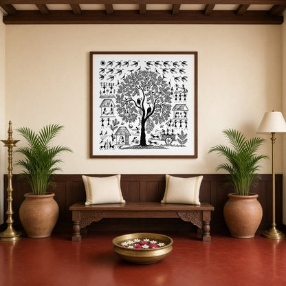 Immerse yourself in the enchanting world of Warli art with this captivating piece depicting a for Entrance