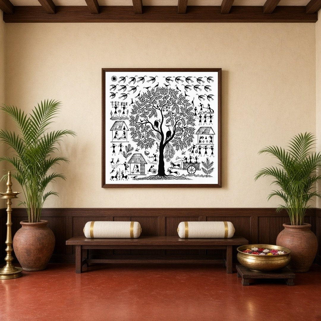 Immerse yourself in the enchanting world of Warli art with this captivating piece depicting a for Hallway