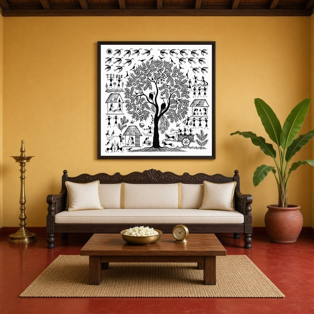 Immerse yourself in the enchanting world of Warli art with this captivating piece depicting a for Living Room