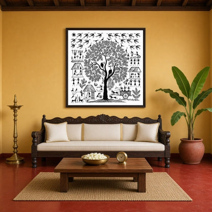 Immerse yourself in the enchanting world of Warli art with this captivating piece depicting a for Living Room