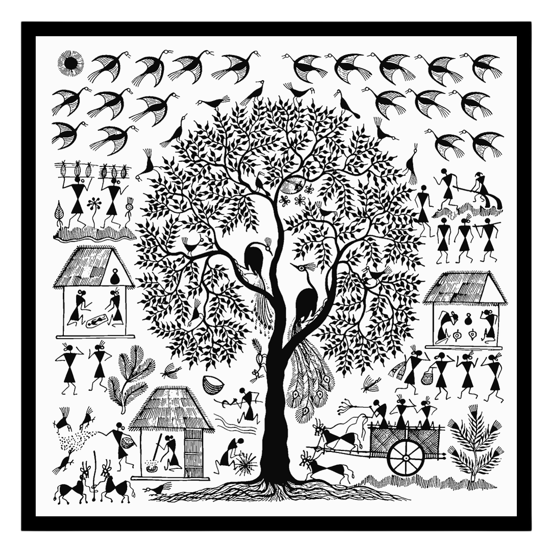 Immerse yourself in the enchanting world of Warli art with this captivating piece depicting a for room
