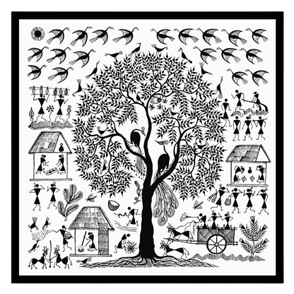 Immerse yourself in the enchanting world of Warli art with this captivating piece depicting a for room