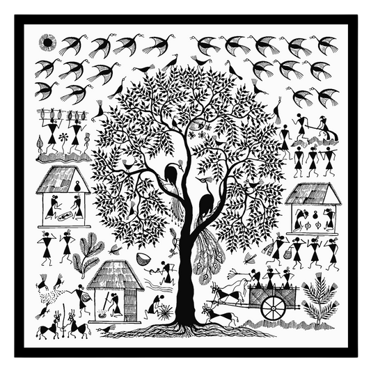 Immerse yourself in the enchanting world of Warli art with this captivating piece depicting a for room