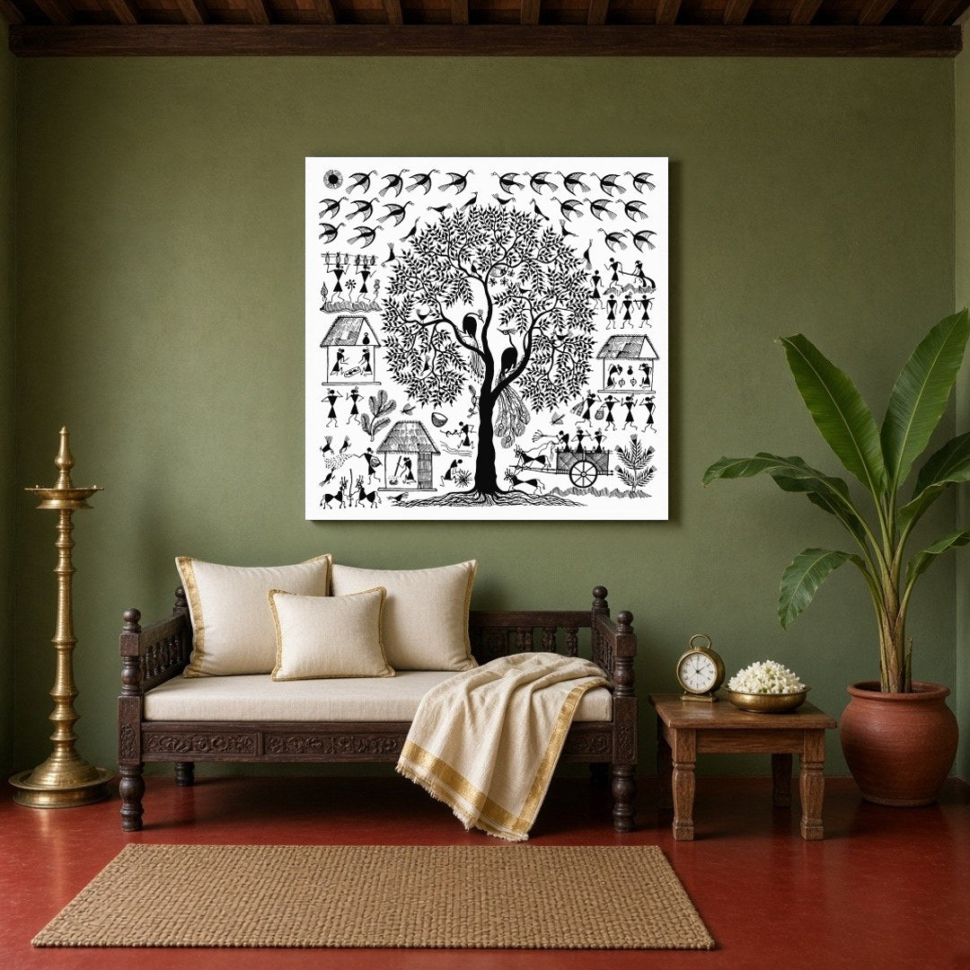 Immerse yourself in the enchanting world of Warli art with this captivating piece depicting a for Sitting Area
