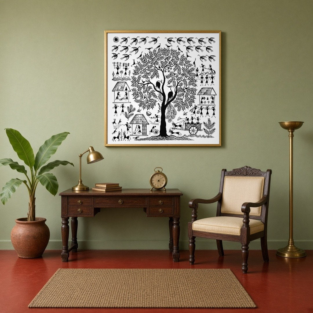 Immerse yourself in the enchanting world of Warli art with this captivating piece depicting a for Study