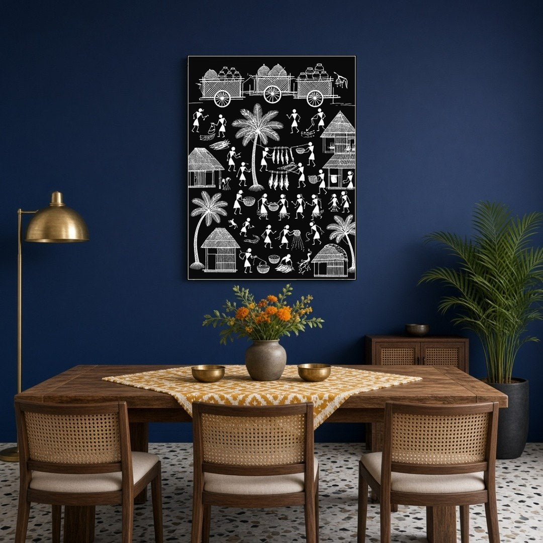 Immerse yourself in the timeless beauty of rural life with this captivating Warli art print. The for Dining