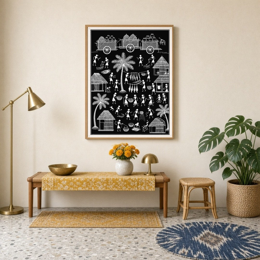 Immerse yourself in the timeless beauty of rural life with this captivating Warli art print. The for Entrance