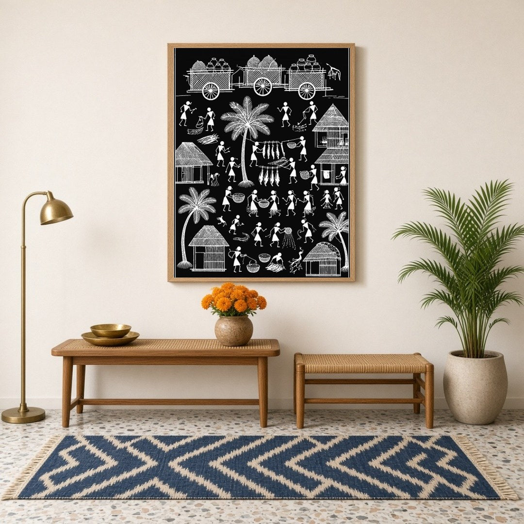 Immerse yourself in the timeless beauty of rural life with this captivating Warli art print. The for Hallway