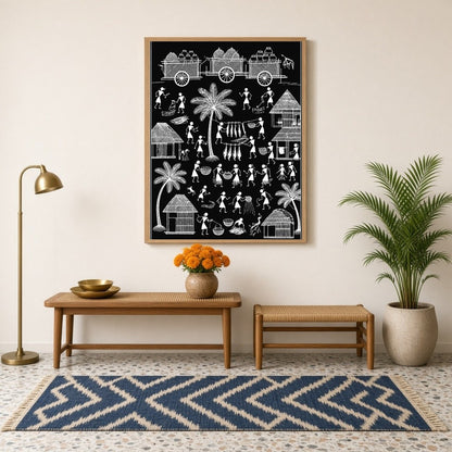 Immerse yourself in the timeless beauty of rural life with this captivating Warli art print. The for Hallway