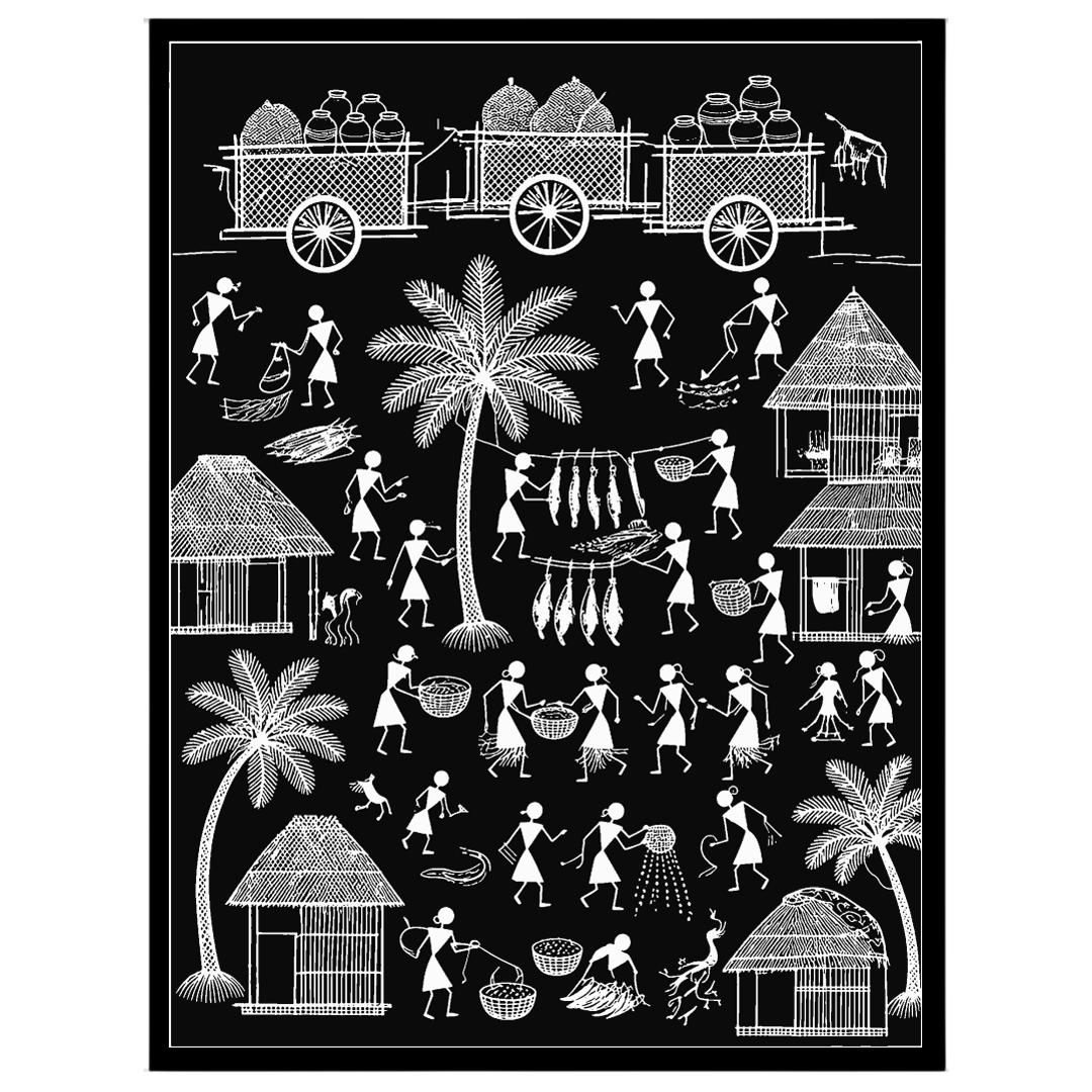 Immerse yourself in the timeless beauty of rural life with this captivating Warli art print. The for house