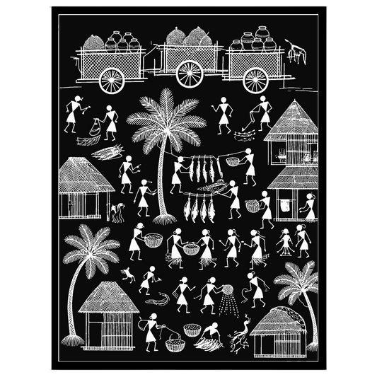 Immerse yourself in the timeless beauty of rural life with this captivating Warli art print. The for house