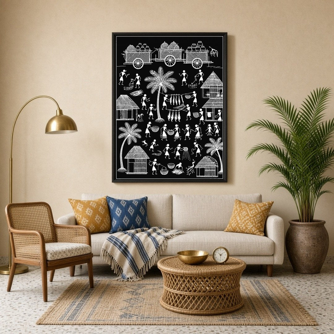 Immerse yourself in the timeless beauty of rural life with this captivating Warli art print. The for Living Room