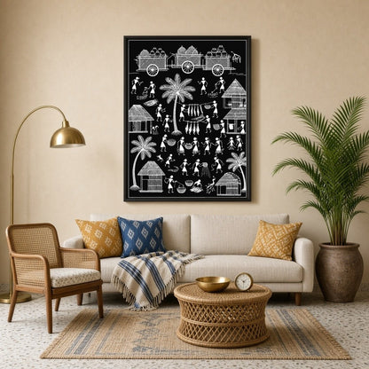 Immerse yourself in the timeless beauty of rural life with this captivating Warli art print. The for Living Room