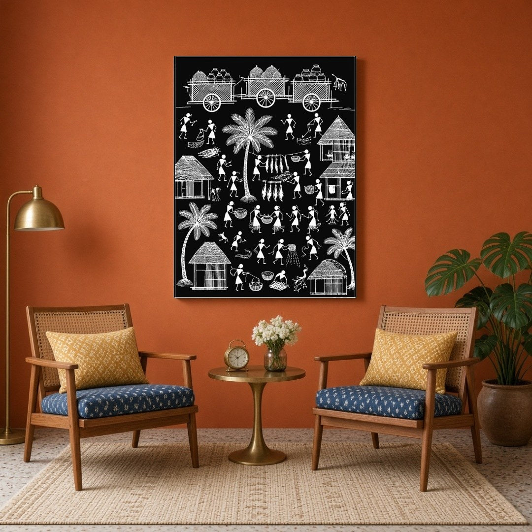 Immerse yourself in the timeless beauty of rural life with this captivating Warli art print. The for Sitting Area