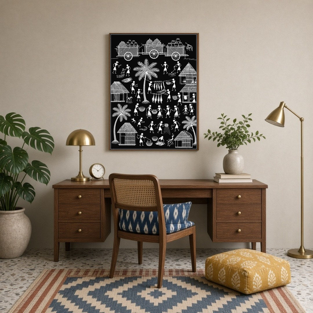 Immerse yourself in the timeless beauty of rural life with this captivating Warli art print. The for Study
