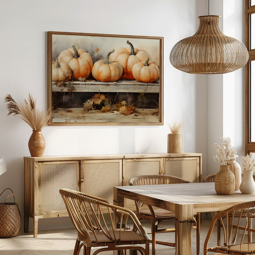Celebrate the essence of autumn with this charming artwork featuring a rustic display of vibrant for Dining