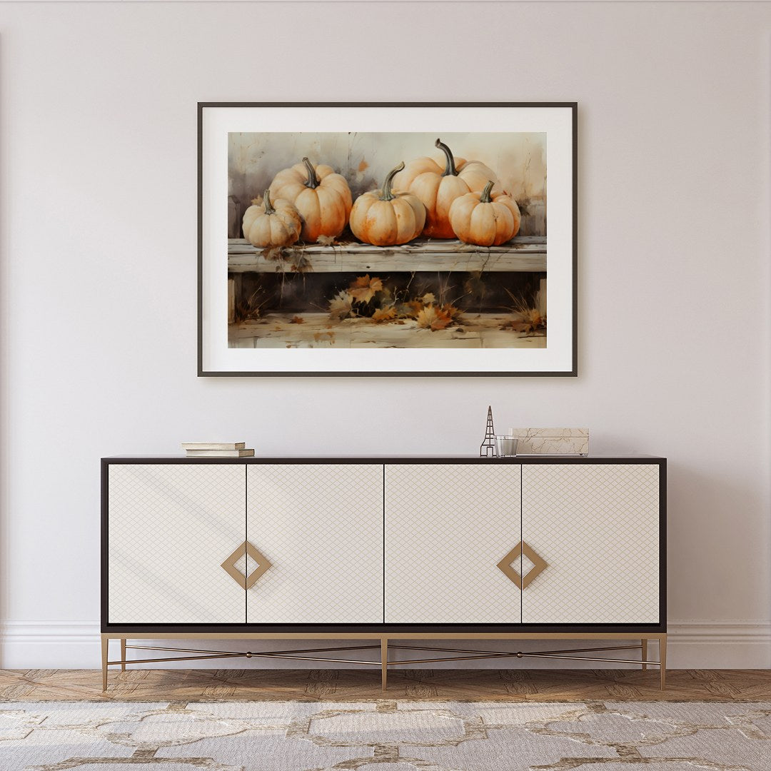 Celebrate the essence of autumn with this charming artwork featuring a rustic display of vibrant for Foyer