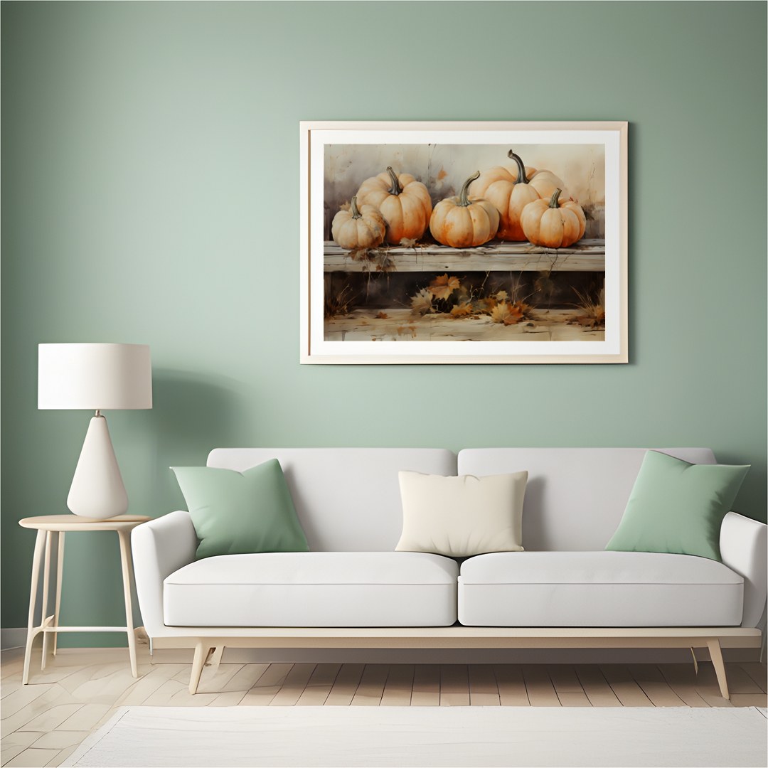 Celebrate the essence of autumn with this charming artwork featuring a rustic display of vibrant for Hall