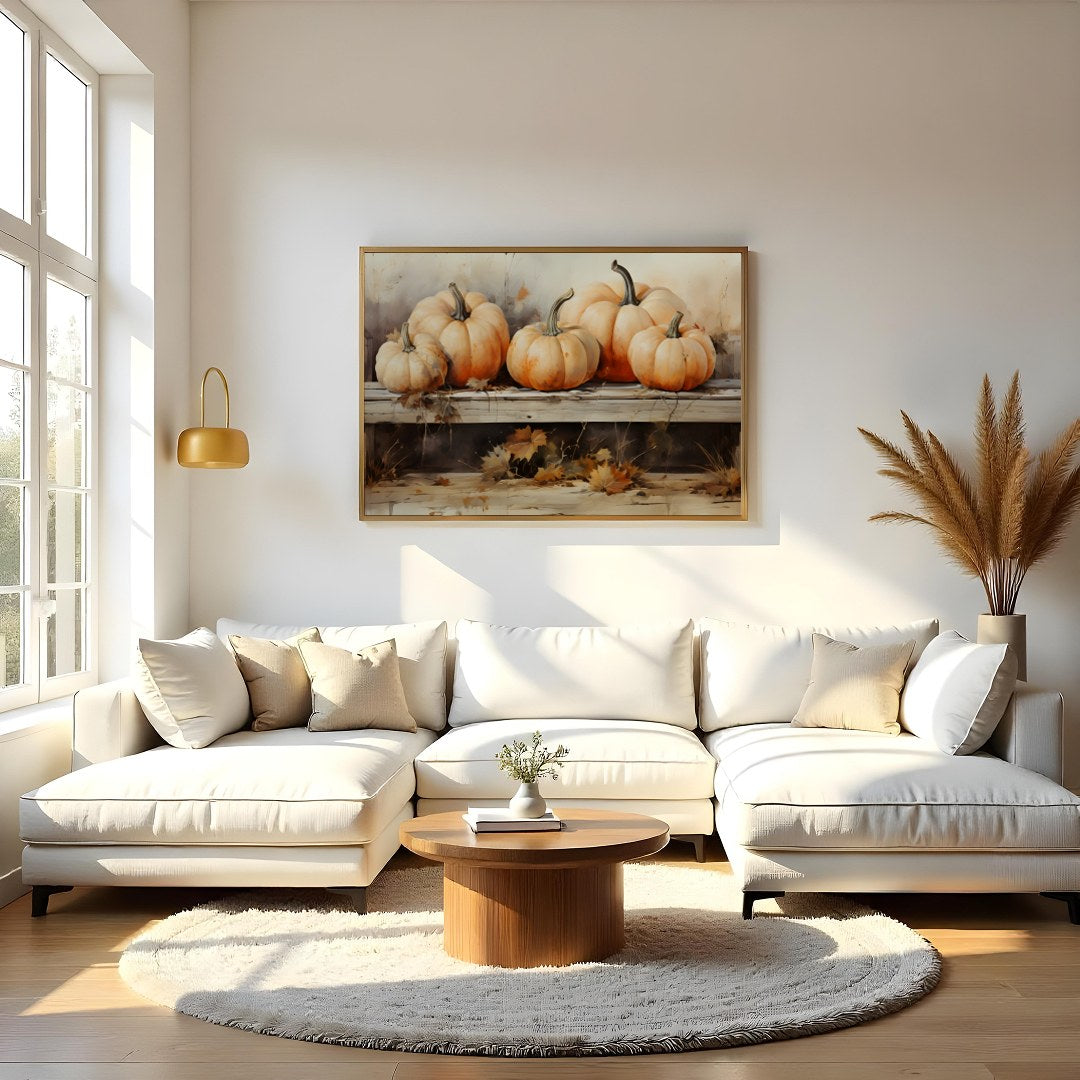Celebrate the essence of autumn with this charming artwork featuring a rustic display of vibrant for Living Room