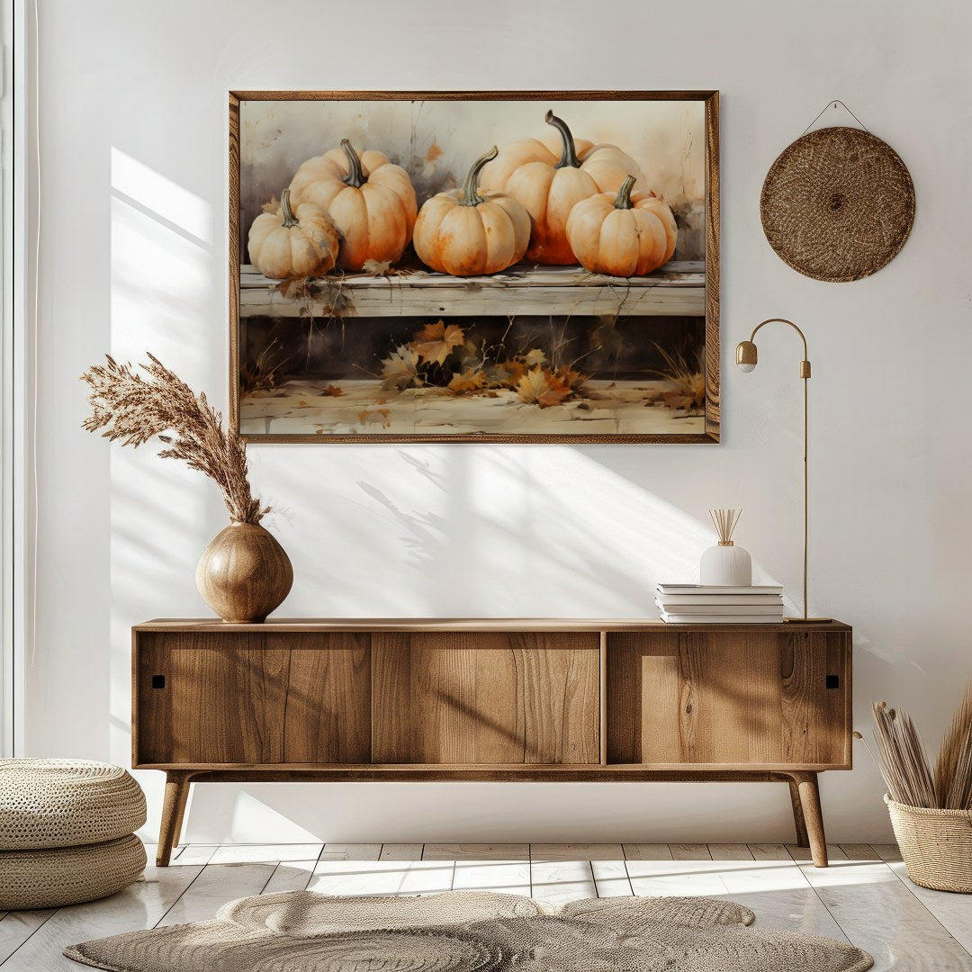 Celebrate the essence of autumn with this charming artwork featuring a rustic display of vibrant for Sitting Area