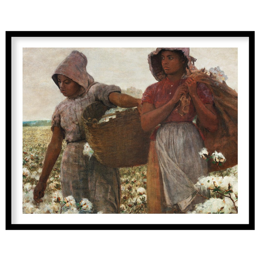 Immerse yourself in the serene landscape of two women laboring in a vast cotton field. The warm, for bedroom