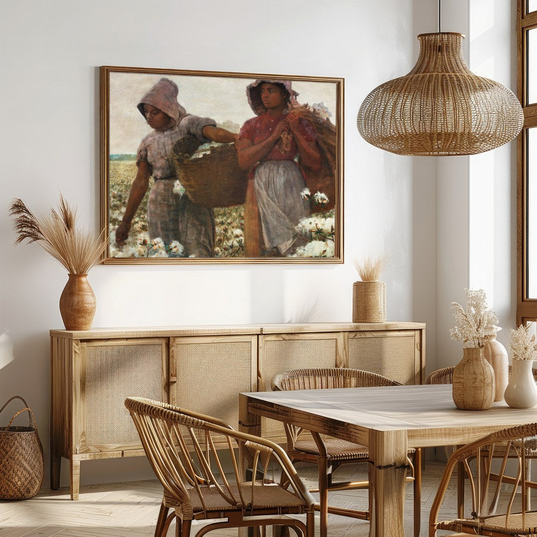Immerse yourself in the serene landscape of two women laboring in a vast cotton field. The warm, for Dining