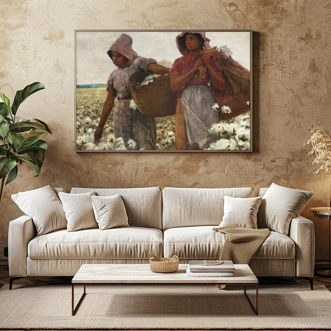 Immerse yourself in the serene landscape of two women laboring in a vast cotton field. The warm, for Family Room