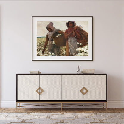 Immerse yourself in the serene landscape of two women laboring in a vast cotton field. The warm, for Foyer