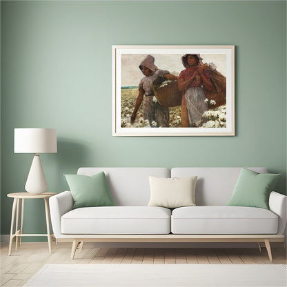 Immerse yourself in the serene landscape of two women laboring in a vast cotton field. The warm, for Hall
