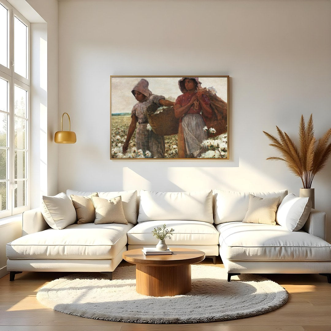 Immerse yourself in the serene landscape of two women laboring in a vast cotton field. The warm, for Living Room