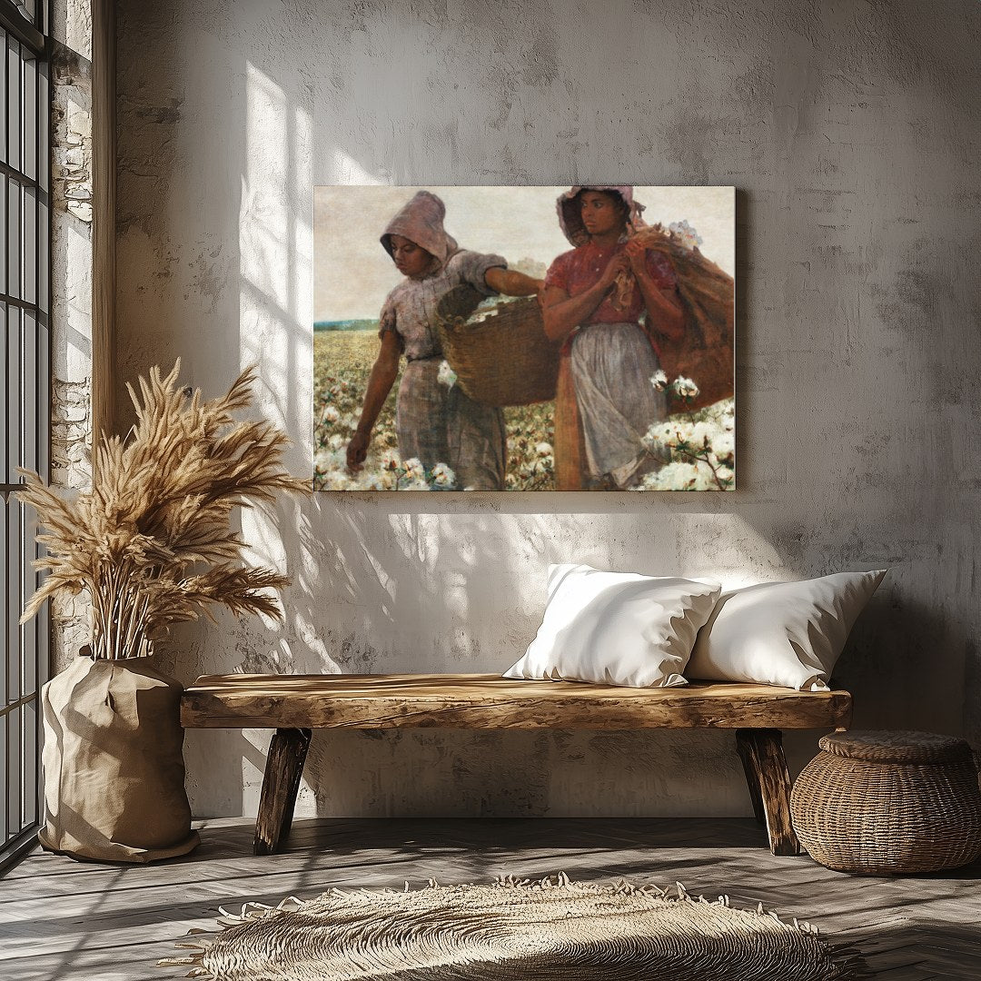 Immerse yourself in the serene landscape of two women laboring in a vast cotton field. The warm, for Veranda