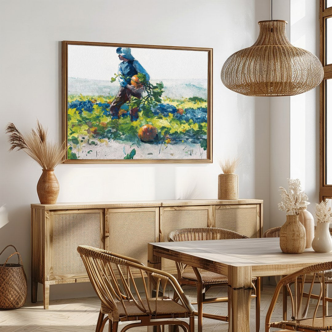 Immerse yourself in the pastoral beauty of 'Harvest Stroll'. This captivating watercolor painting for Dining